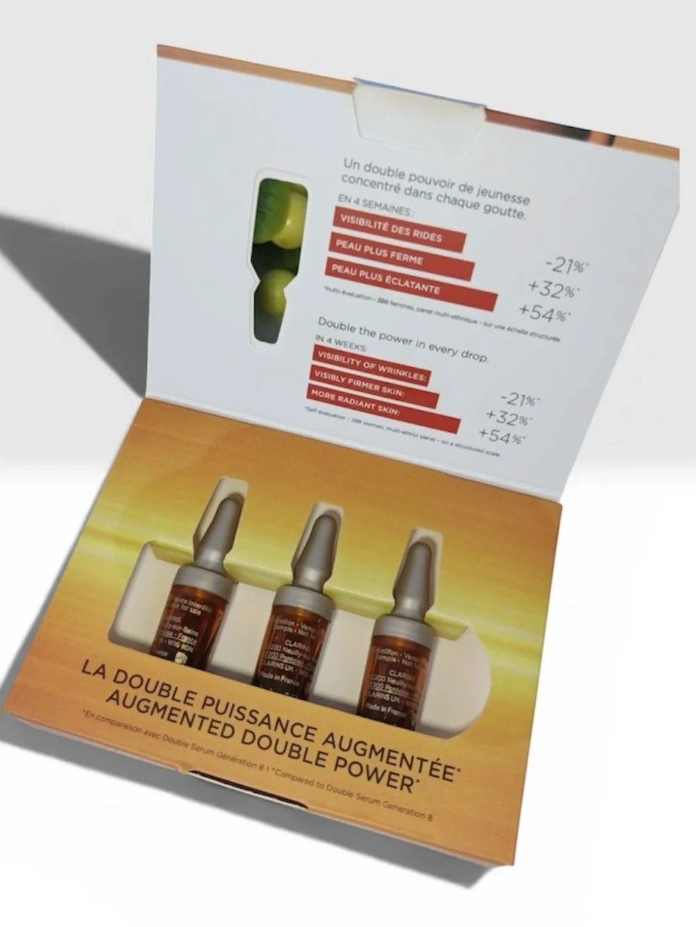 New Clarins Double Serum trial kit featuring three individual 0.9ml vials in Box
